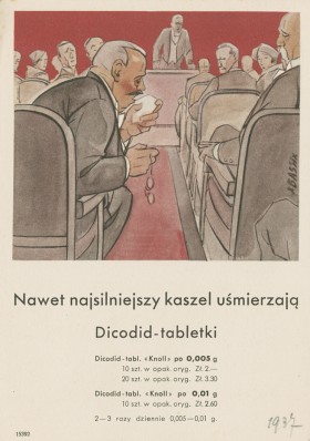 Reklama z klasycznym rysunkiem z 1937r. „Dicodid” ratuje przed kaszlem w miejscu publicznym. To nic takiego? A pamiętamy „Śmierć urzędnika”?