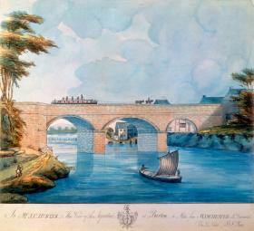 Akwedukt kanału Bridgewater w Barton k. Manchesteru, akwarela z epoki.