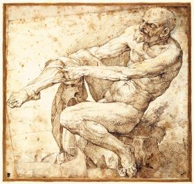 Zanim pojawiły się spodnie, mężczyźni nosili nogawice przypominające rajstopy; grafika Bartolomeo Passarottiego (1521-92)