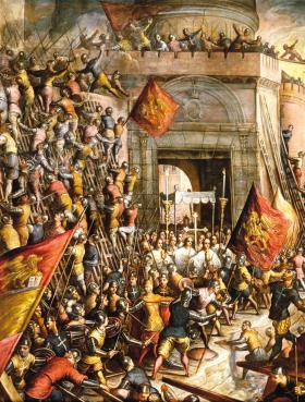 Domenico Tintoretto, „Zdobycia Konstantynopola” w 1204 r., obraz z poł. XVI w.