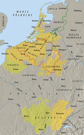 Posiadłości książąt Burgundii w 1477 r. Kolorem żółtym zaznaczono domeny podlegające Habsburgom, zielonym - Francji