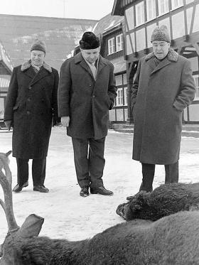 Kazimierz Doskoczyński (w środku), obok po prawej Leonid Breżniew. U ich stóp upolowane przez sowieckich dygnitarzy jelenie i dziki. Łańsk, schyłek lat sześćdziesiątych.