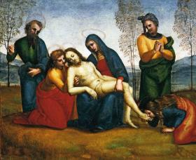 „Pieta”. Pierwszy z prawej Józef z Arymatei, obraz Rafaela, ok. 1504–05 r.