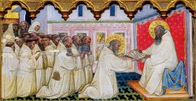 Św. Benedykt nadaje regułę, fresk z końca XIV w.