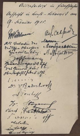Brześć, 9 lutego 1918. Autografy podpisów traktatu zawartego pomiędzy Państwami Centralnymi a Ukraińską Republiką Ludową.
