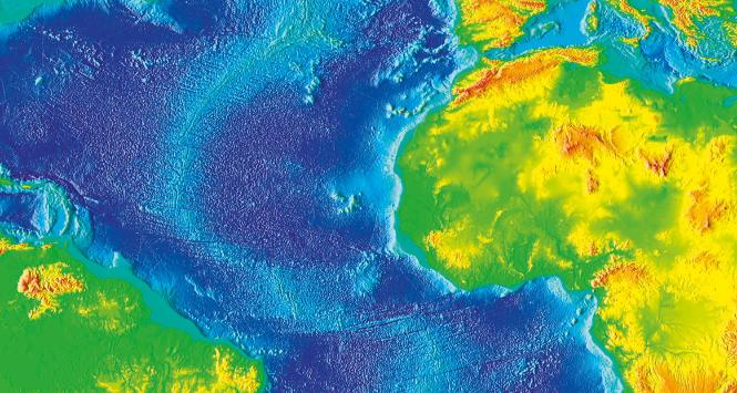 Atlantyk powstał w wyniku pęknięcia (pośrodku oceanu od Islandii po Antarktykę, jasnoniebieski kolor na mapie) w skorupie ziemskiej i wylewania się lawy odpychającej na bok kontynenty.