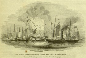 Pierwsza wojna opiumowa. Należąca do Kompanii Wschodnioindyjskiej żelazna fregata Nemezis w walce z chińskimi dżonkami.
