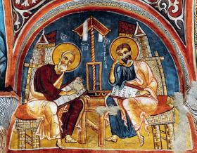 Ewangeliści Łukasz i Mateusz; fresk z XII/XIII w. z tzw. Kościoła Ciemnego w Göreme w Kapadocji (dziś Turcja)