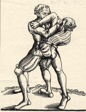 Ilustracja z podręcznika zapasów mistrza Fabiana von Auerswald. Drzeworyt pochodzi z pracowni Cranacha Starszego.