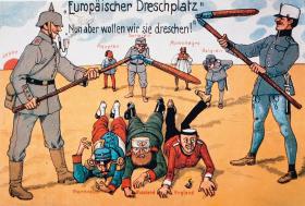 „Europejskie klepisko. Teraz ich wymłócimy”, pocztówka niemiecka z 1914 r.