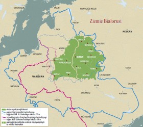 Terytorium współczesnej Białorusi na tle granic Rzeczypospolitej, Litwy, Rosji i ZSRR