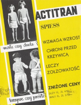 Reklama preparatu Actitran, produkowanego przez zaklady aptekarskie rodziny Spiessów, po wojnie przekształcone w warszawską Polfę.