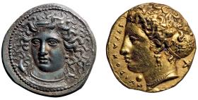Starogreckie drachma i aureus z Syrakuz, V w. p.n.e.
