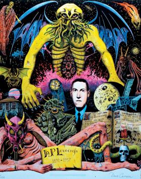 H.P. Lovecraft (1890-1937) sportretowany przez Davida Carsona wśród potworów i stworów, które sam wymyślił.