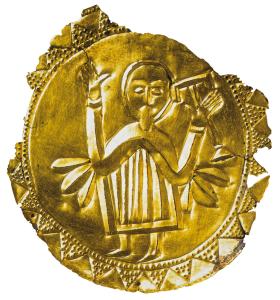 Złocona plakietka z wizerunkiem Chrystusa z wielkomorawskiego grodu Bojna koło Nitry.