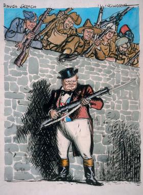 Wkład Churchilla w drugą wojnę światową, angielska pocztówka z epoki (autorem rysunku Leslie Gilbert Illingworth)