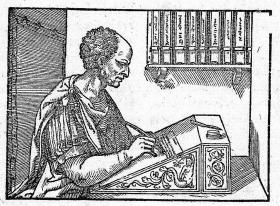 Cyceron piszący list. Drzeworyt z weneckiego wydania „Listów do Przyjaciół” Cycerona z roku 1547.