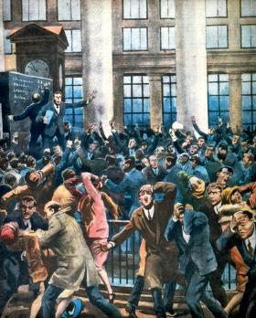 Krach na Wall Street w 1929 r., początek Wielkiej Depresji. Ilustracja z epoki.