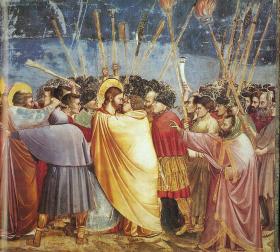 „Pocałunek Judasza” (jego żółta szata symbolizuje zdradę), obraz Giotto di Bondone.
