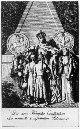 Alegoryczna rycina ukazująca króla otaczającego opieką wszytkie stany (aut. Daniel Chodowiecki).