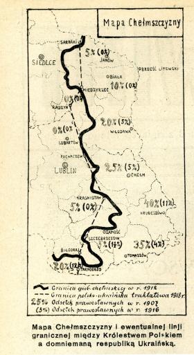 Mapa przedstawiająca linię graniczną narzuconą w traktacie brzeskim, opublikowana w czasopiśmie „Świat”, nr 8/1918.