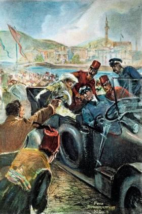 Zamach w Sarajewie, obraz Feliksa Schwarmstadta, 1914 r.