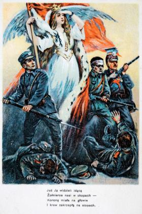 Pocztówka patriotyczna z żołnierzami Legionów Polskich