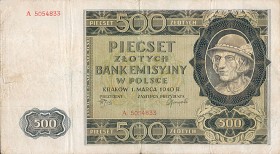 Okupacyjny pieniądz obowiązujący w Generalnym Gubernatorstwie (banknot 500-złotowy nazywano góralem)