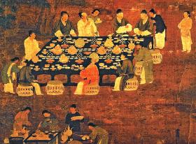 Fragment obrazu „Eleganckie przyjęcie”, przedstawiający bankiet dla urzędników wydany przez chińskiego cesarza Huizonga (1100 - 1125 r.)