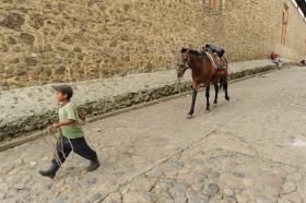 Wracający do domu chłopiec z dumą i namaszczeniem odprowadza konia powierzonego mu przez ojca po zakończeniu pracy.