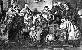 Ostatnie chwile Mikołaja Kopernika. Reprodukcja obrazu Aleksandra Lessnera.