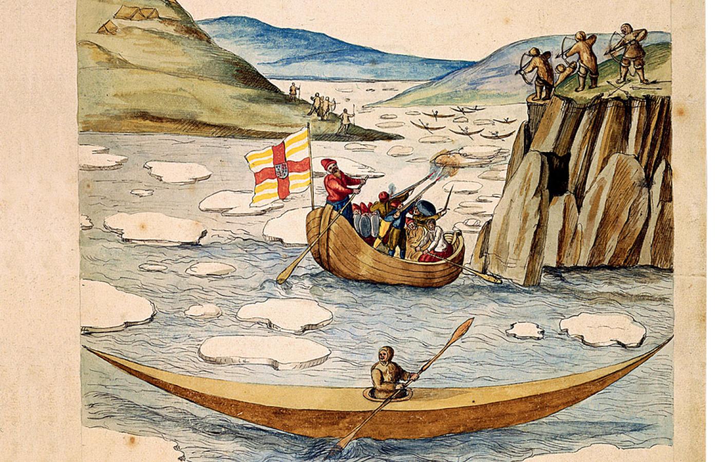 Przybycie Martina Frobishera na Grenlandię w 1578 r., ilustracja z epoki.