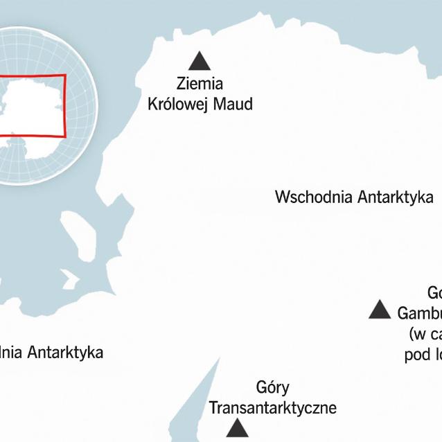 Lokalizacja trzech głównych obszarów górskich i wyżynnych we wschodniej części Antarktydy.