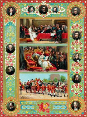 Wizja konstytucyjnych rządów królowej Wiktorii. Władczyni podczas spotkania z doradcami, na uroczystym otwarciusesji parlamentu i w drodze na jego obrady