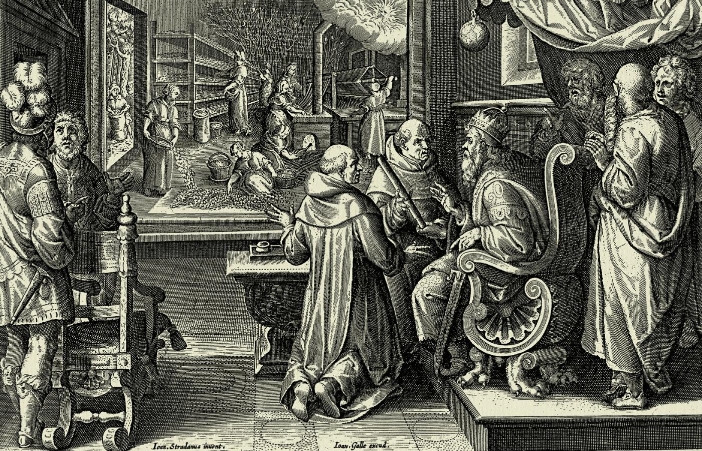 Legendarna scena przekazania przez dwóch zakonników nestoriańskich jajeczek jedwabnika morwowego, ukrytych w bambusowej lasce, cesarzowi Justynianowi ok. 550 r.; grafika z 1595 r.
