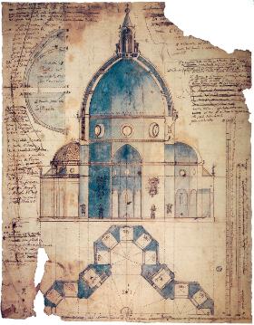 Przekrój katedry florenckiej Santa Maria del Fiore z kopułą zaprojektowaną przez Filippo Brunelleschiego, rysunek Ludovico Cardi da Cigoli, XVI w.