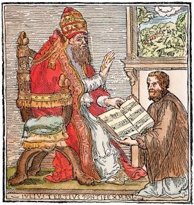 Juliusz III (1487–1555, pont. od 1550) błogosławi kompozytora Giovanniego Palestrinę; drzeworyt z 1554 r.