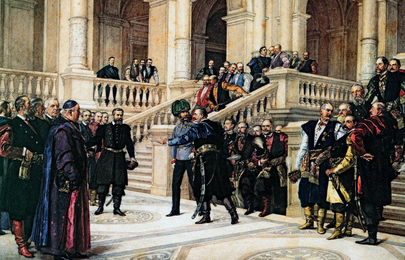 Franciszek Józef w gmachu sejmu krajowego we Lwowie na akwareli Henryka Rodakowskiego, 1880 r.