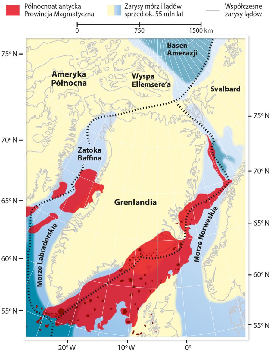 Rekonstrukcja położenia lądów w czasach narodzin północnego Atlantyku przed ok. 55 mln lat. Grenlandia była wtedy bliską sąsiadką Wielkiej Brytanii i Półwyspu Skandynawskiego.