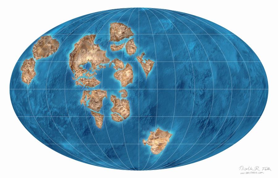 Superkontynent Rodinia w stanie rozpadu, który nastąpił 750 mln lat temu. Od tego momentu przez kolejnych 300 mln lat Bałtyka (Praeuropa) poruszała się samotnie po półkuli południowej.