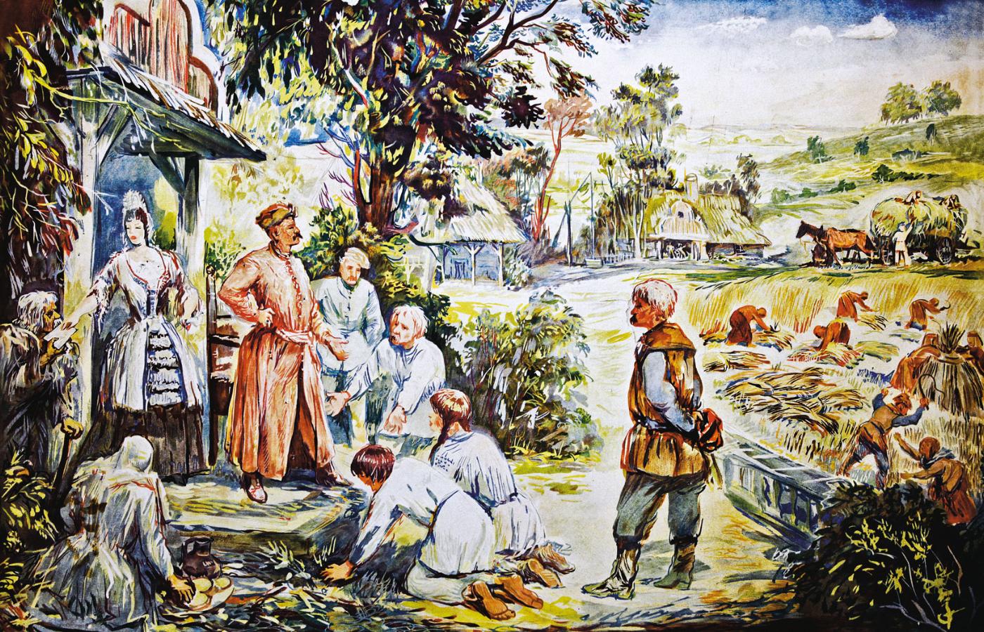 Propagandowa ilustracja szkolna z 1955 r. pokazująca wyzysk chłopów w dawnej Rzeczpospolitej.