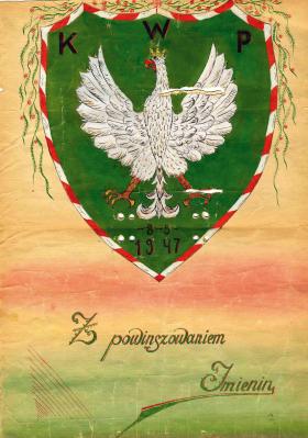 Karta imieninowa ostatniego komendanta Konspiracyjnego Wojska Polskiego (KWP) sierż. Jana Małolepszego, Murata, dla jego żony. Maj 1947 r.