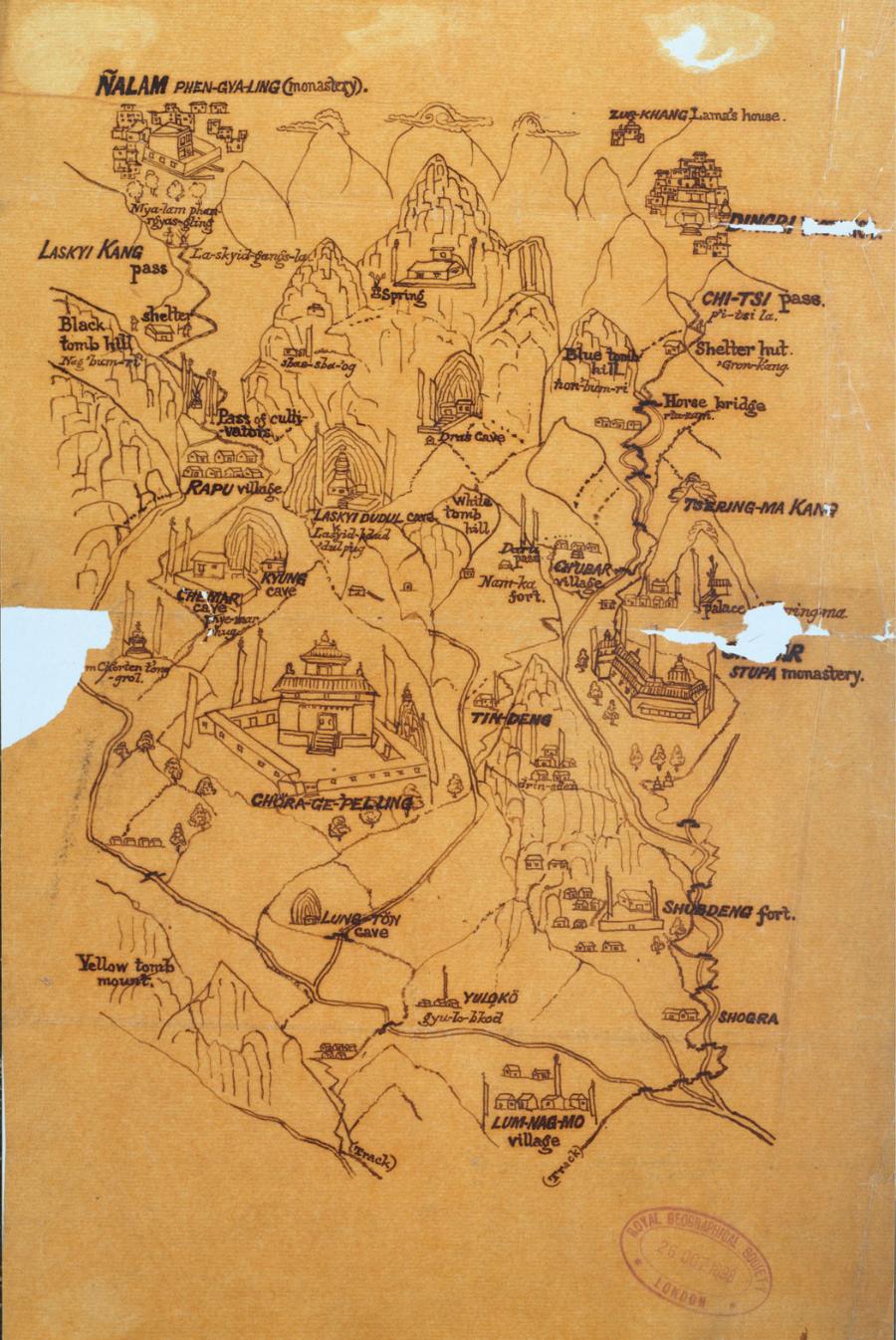 Mapa Tybetu wraz z grzbietem Mount Everestu, opracowana w 1898 r. przez brytyjskiego oficera i uczonego Laurence’a Waddella.