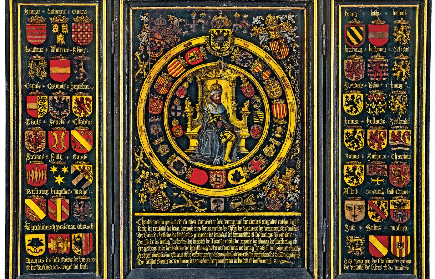 Godło cesarstwa wraz z herbami należących do niego ziem, w centrum Cesarz Karol V