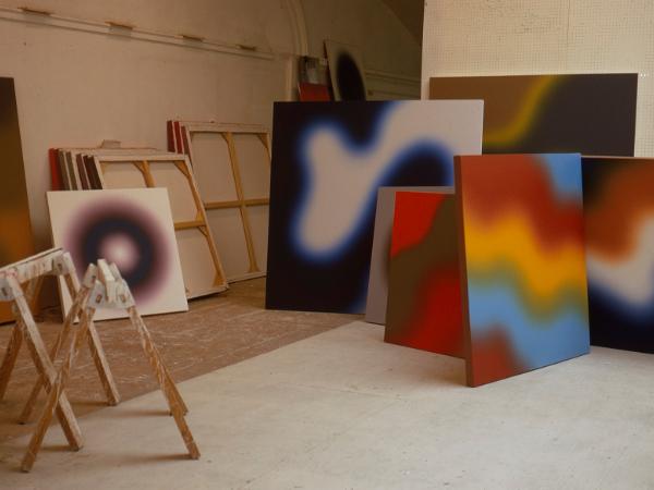 Wnętrze pracowni Wojciecha Fangora w Madison, 1968.