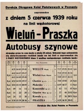 Rozkład jazdy szynobusu na trasie Wieluń–Praszka z 1939 r.