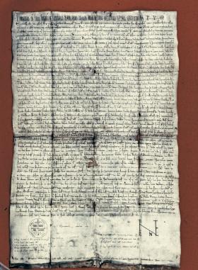 Bulla gnieźnieńska wydana w 1136 r. przez papieża Innocentego II: łaciński dokument z polskimi nazwami.