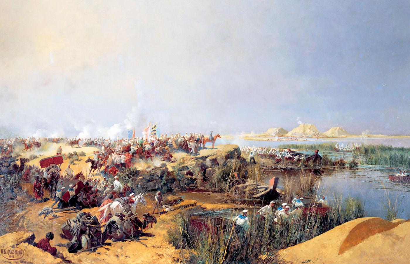 Wojska carskie forsują Amu-darię w 1873 r.; obraz Mikołaja Karazina z 1889 r.