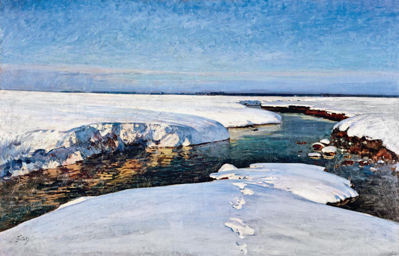 Julian Fałat, „Śnieg” (krajobraz zimowy ze strumieniem), 1907 r.