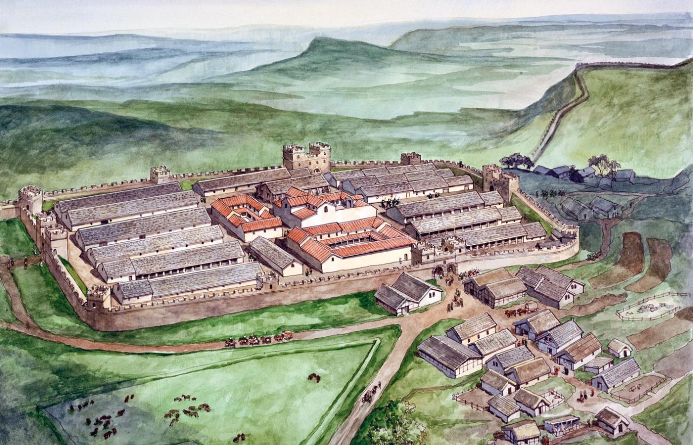 Fort na murze Hadriana w Brytanii; rysunek rekonstrukcji.